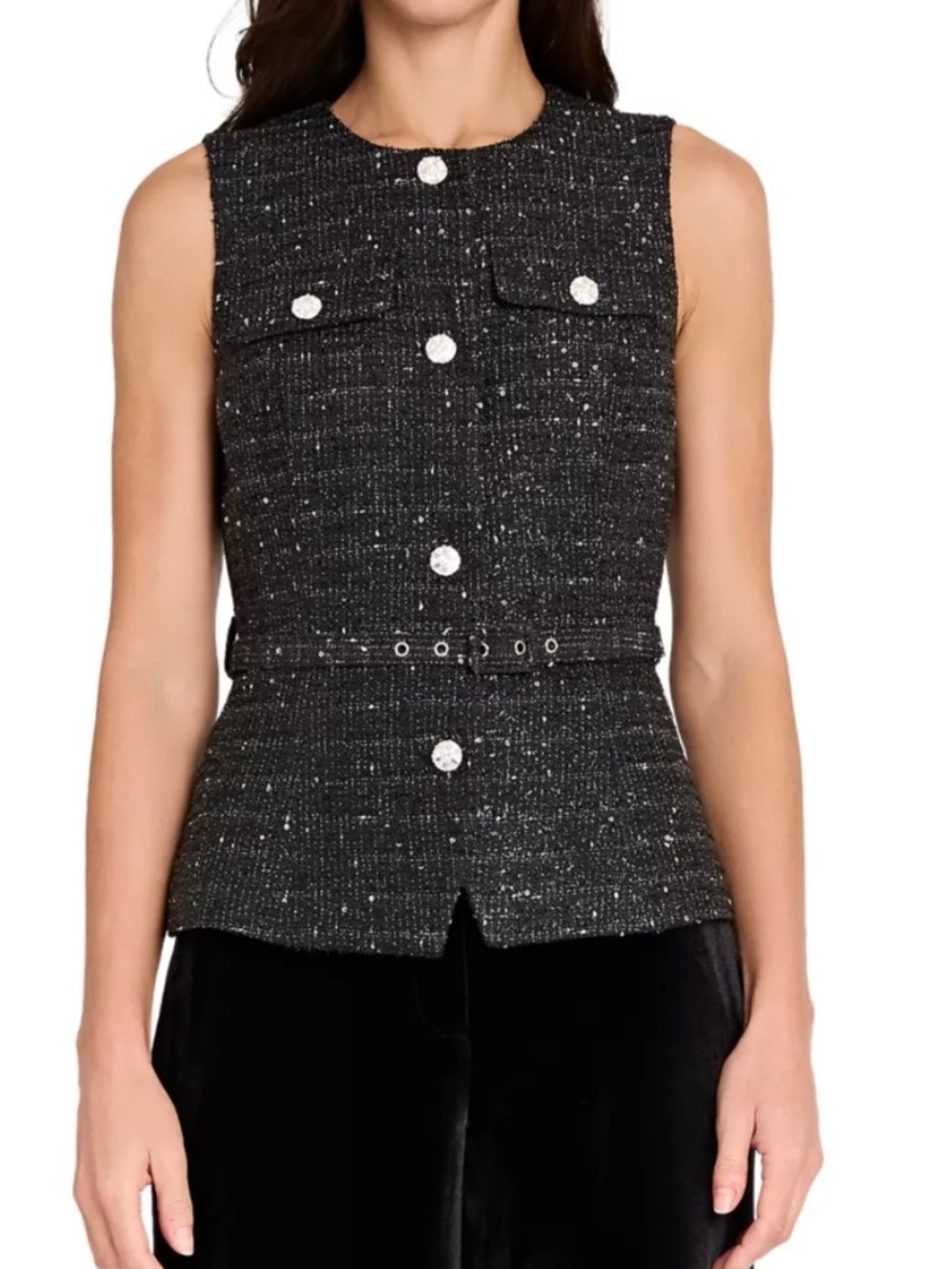 NWT Tahari Black Tweed Sleeveless Vest with Sparkle Buttons